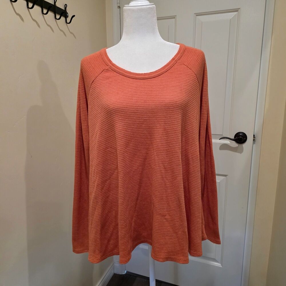 We the Free Women's L Orange Waffle Knit Thermal Top Oversized Scoop Neck Long